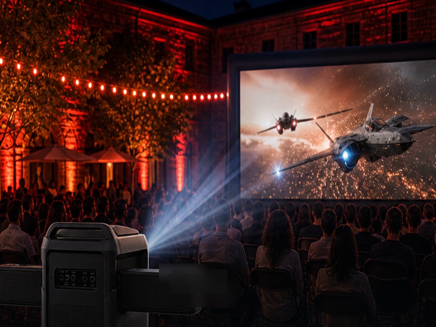 Outdoor-Kino-Setup für Public Viewing mit Leinwand und Stuhlreihen